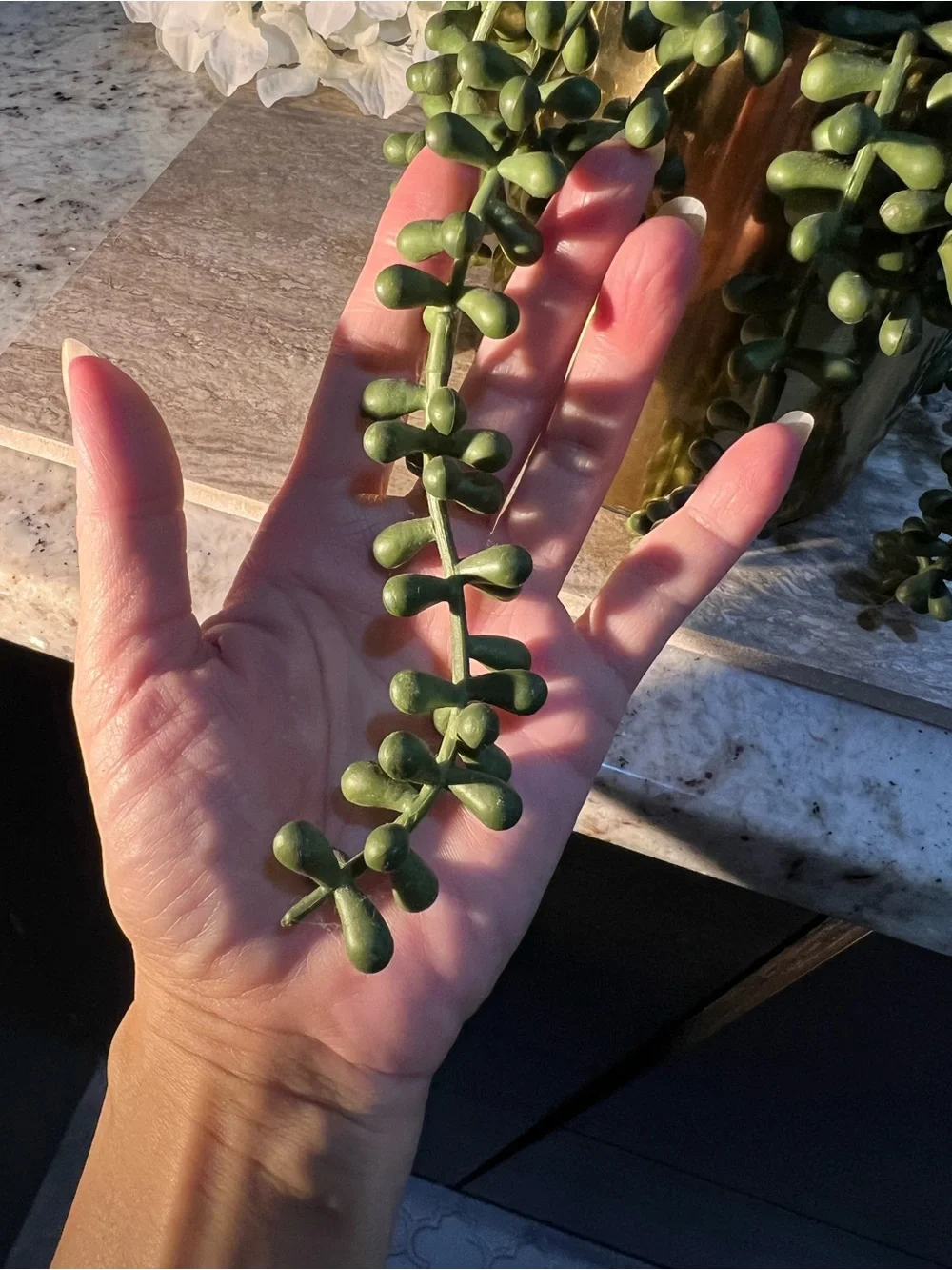 Artificial Burrow tail faux Succulent plant in Gold or Brass Planter